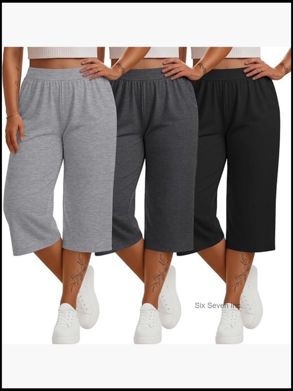 Plus Size Capri Sweatpants Loose Fit Wide Leg Yoga Pants with Pockets 3 Pack